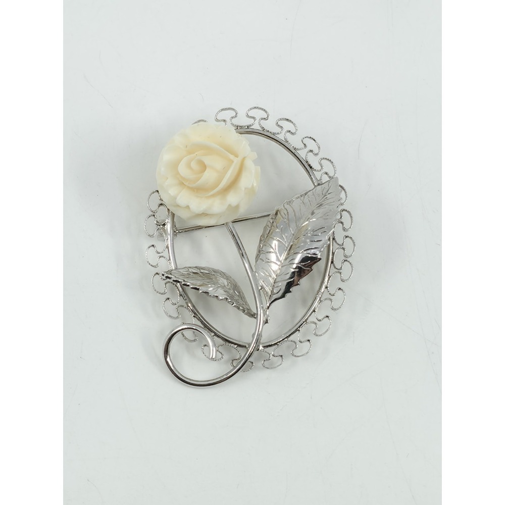 Vintage Beau Sterling Silver Carved Rose Oval Frame Brooch‎ Pin 5.6g